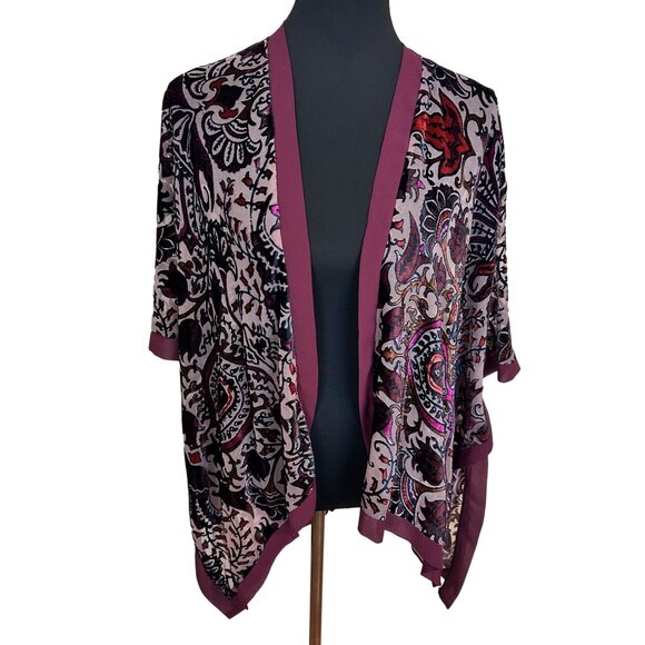 Womens Burnout Velvet Kimono Cardigan Wrap Bohemian Burgundy Openfront One Size - Picture 1 of 8